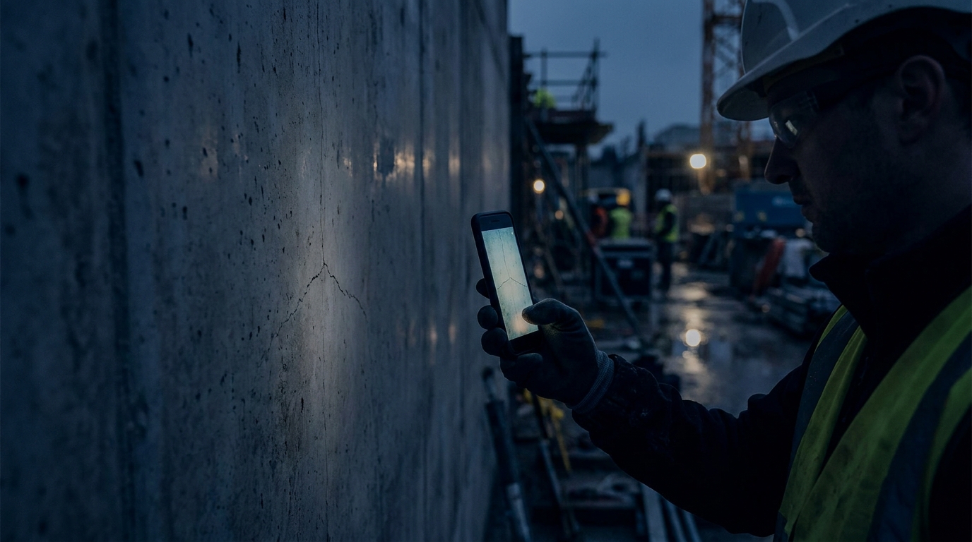Worker in a yellow helmet photographing a concrete crack, phone screen showing the captured photo