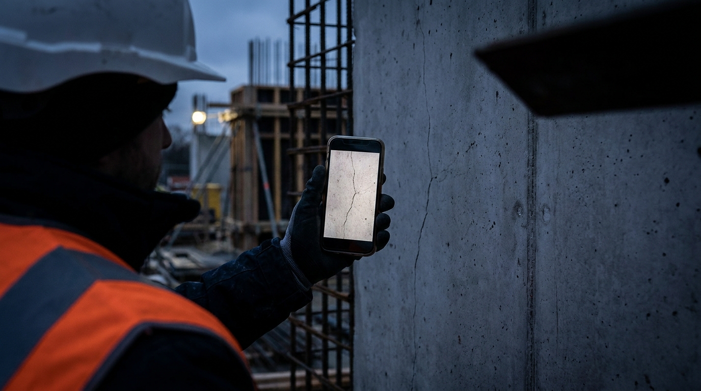 Near-monochrome navy dusk shot of a worker silhouette lit by a phone screen, cracked concrete wall filling the frame