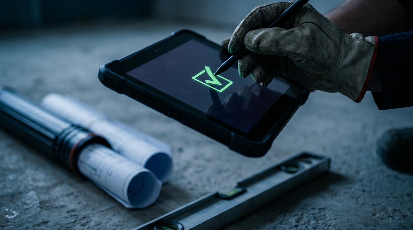 A gloved hand marking a glowing green checkmark on a rugged tablet, blueprints softly blurred behind it