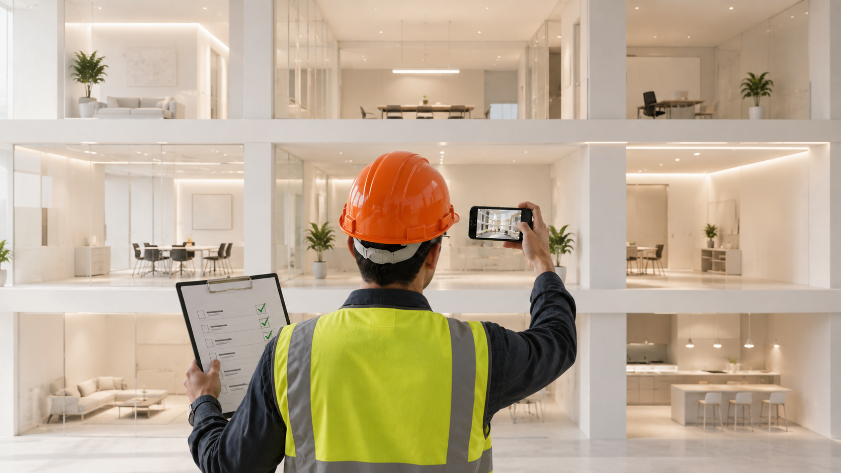 A site inspector in a hard hat and hi-vis vest photographing a building interior on a phone, checklist in hand