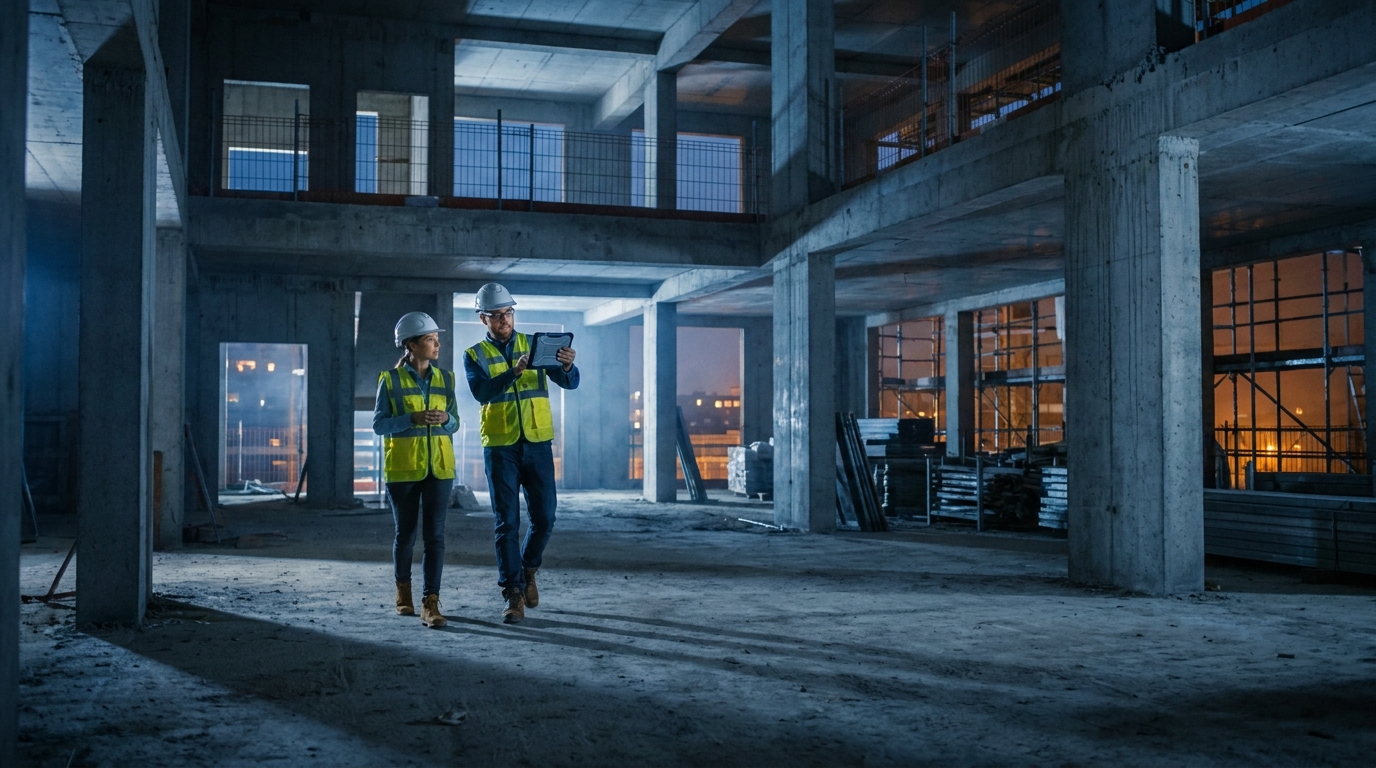 Two site managers walking mid-conversation with a tablet during a site walkthrough